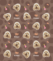 Brown custom pet blanket pattern with repeated dog cutouts, bows, and party hats
